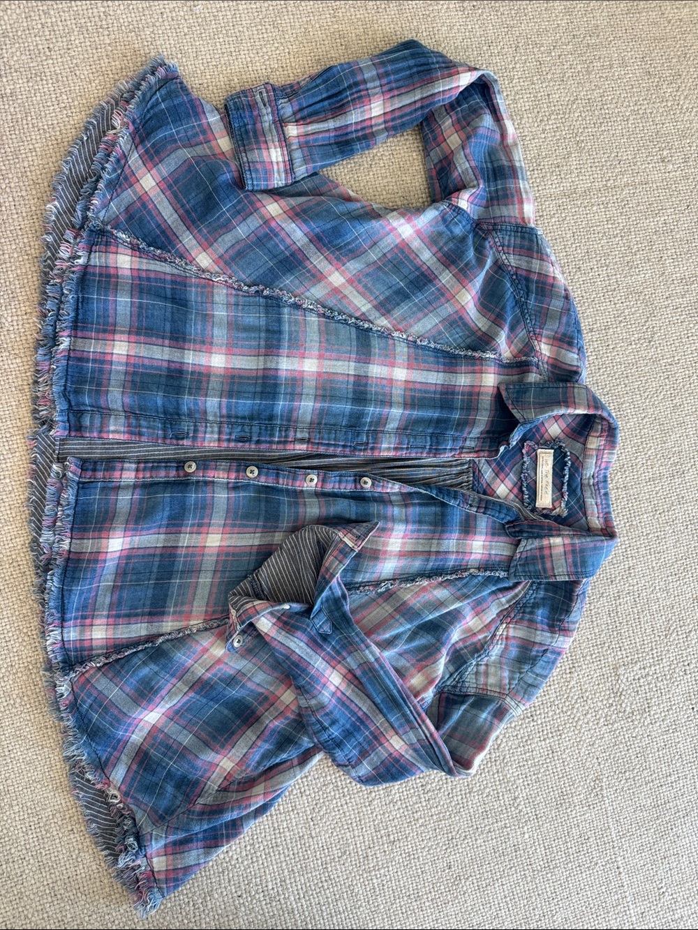 Free People Frayed Hem Plaid Shacket in Blue and Pink- can be worn both sides